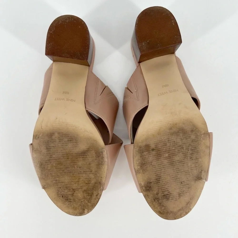 Nine West FREDDIUS Leather Crossover Straps Block Heel Mule Sandals Nude Sz 6.5